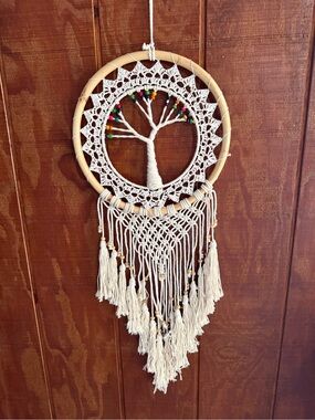 EARTHBOUND Cream Macramé Tree of Life Wall Hanging with Multicolor Beads